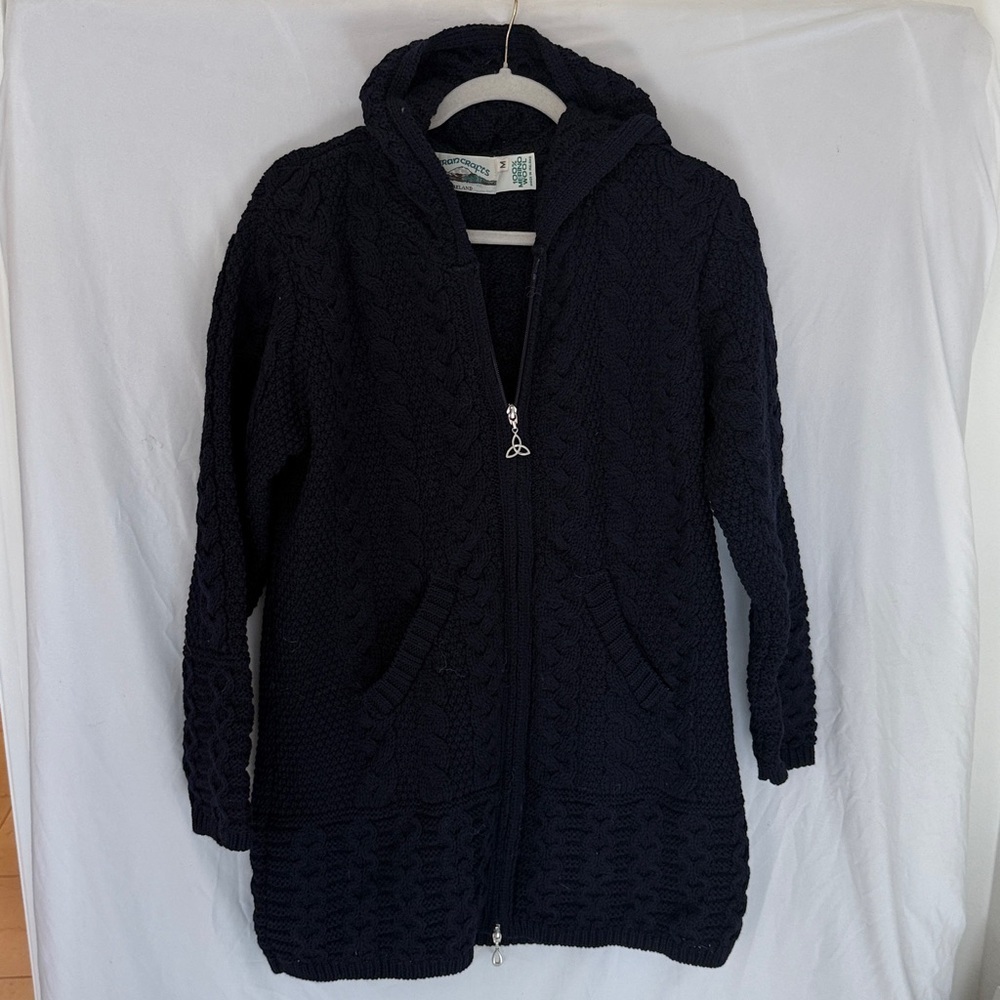 Aran Crafts Full Zip Hooded Knit Sweater In Navy Blue Size M - Picture 2 of 6
